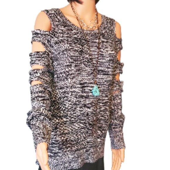 Arizona Jean Company Sweaters - Arizona Sweater Shoulder Cutout Black Gray Lines & Shades - Stylish Women Size L
